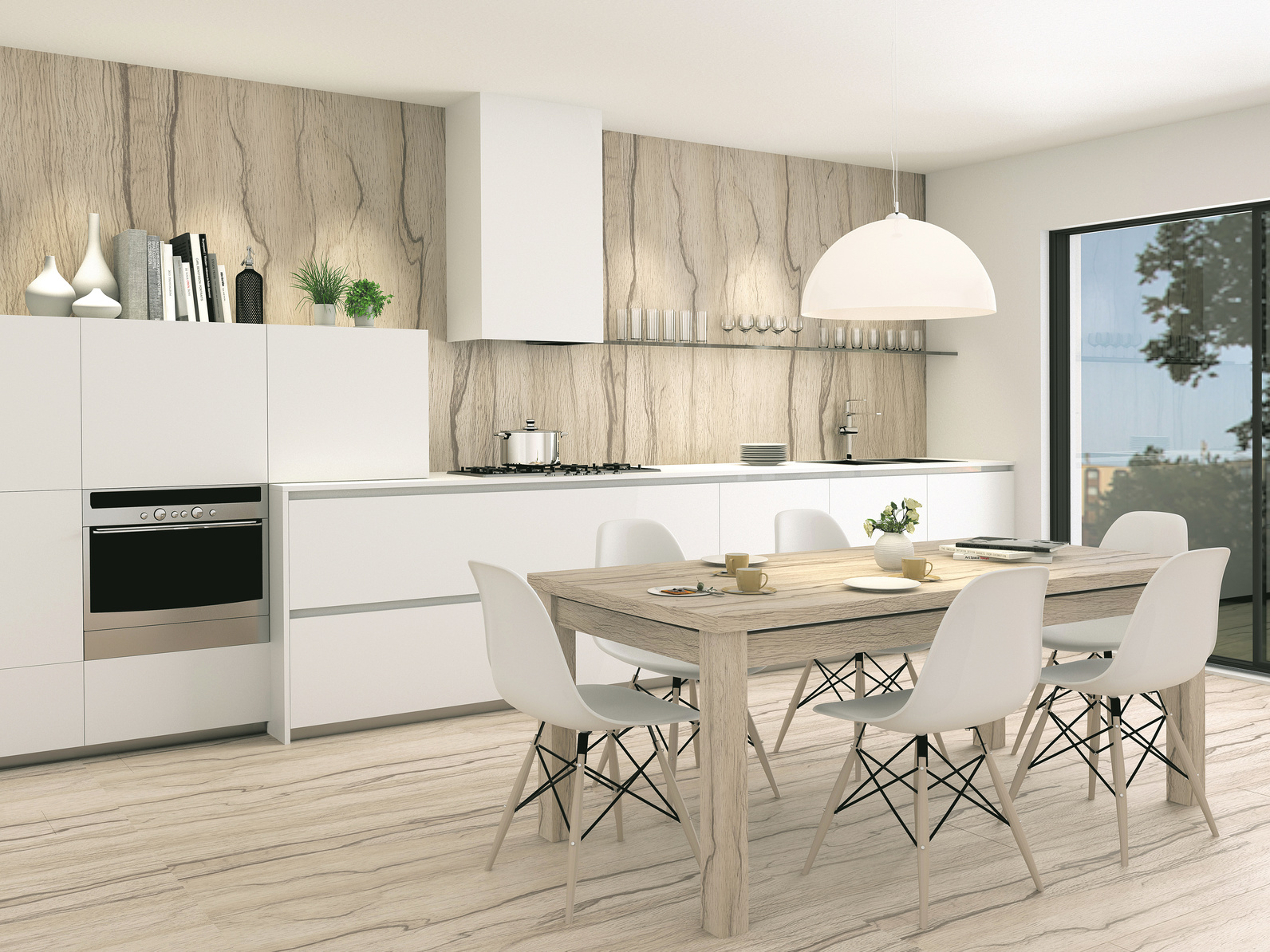 weisse Kche mit Holzelementen aus Olivenbaum